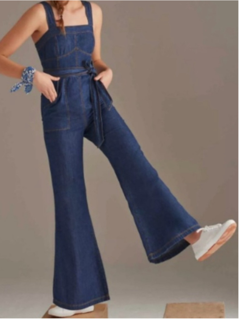 Anthropologie Pilcro Denim Flare Leg Jumpsuit Size 6 Blue Missing Belt